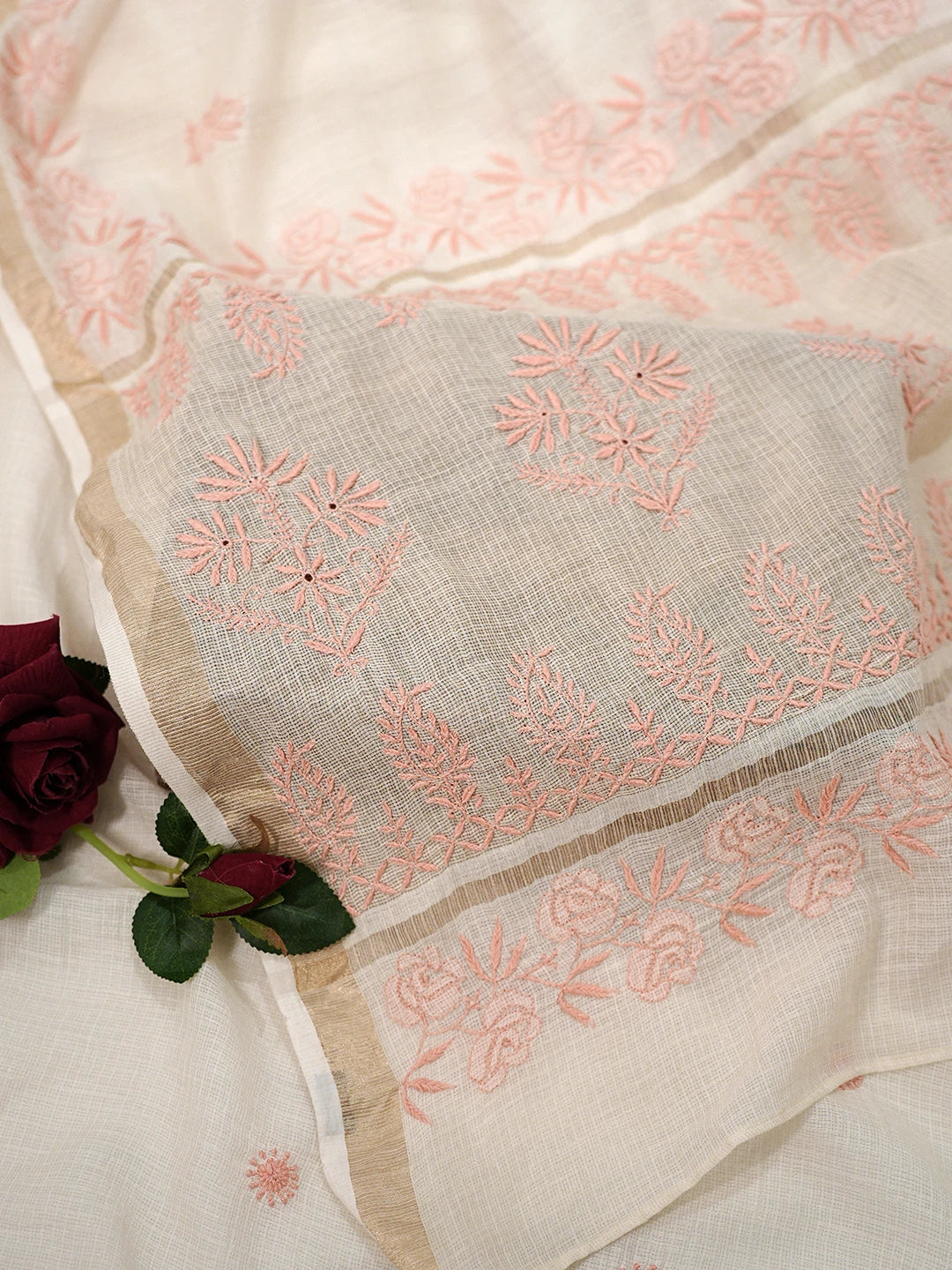 Ada Hand Embroidered Fawn Kota Moonga Lucknowi Chikankari Saree With Blouse 01A646447