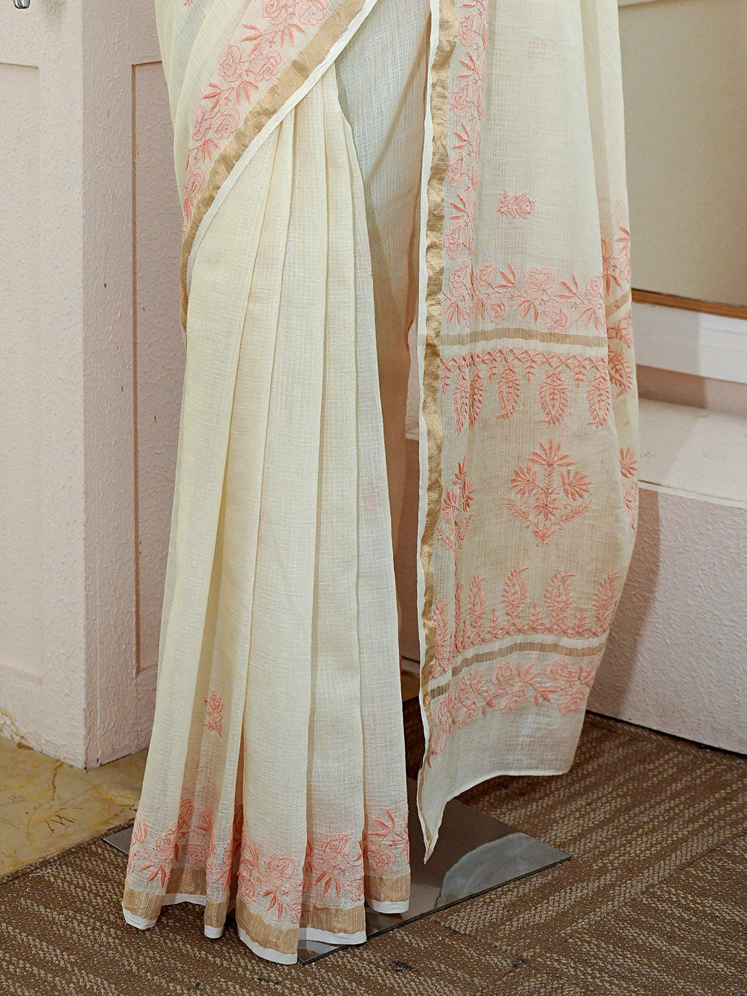 Ada Hand Embroidered Fawn Kota Moonga Lucknowi Chikankari Saree With Blouse 01A646447