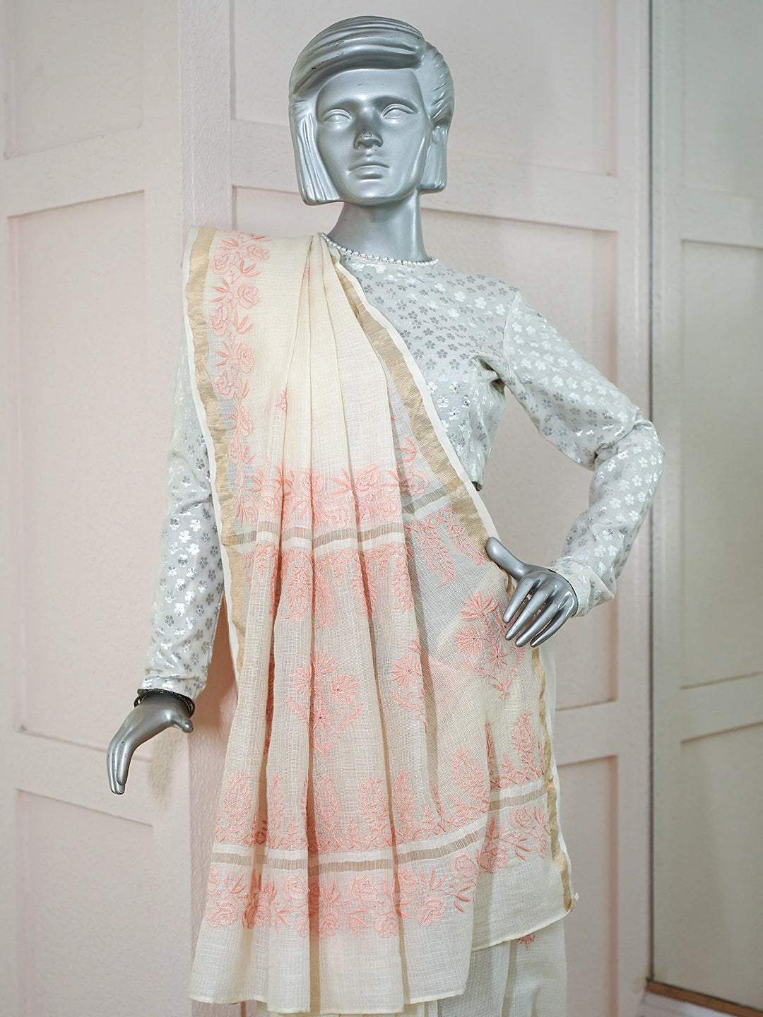 Ada Hand Embroidered Fawn Kota Moonga Lucknowi Chikankari Saree With Blouse 01A646447