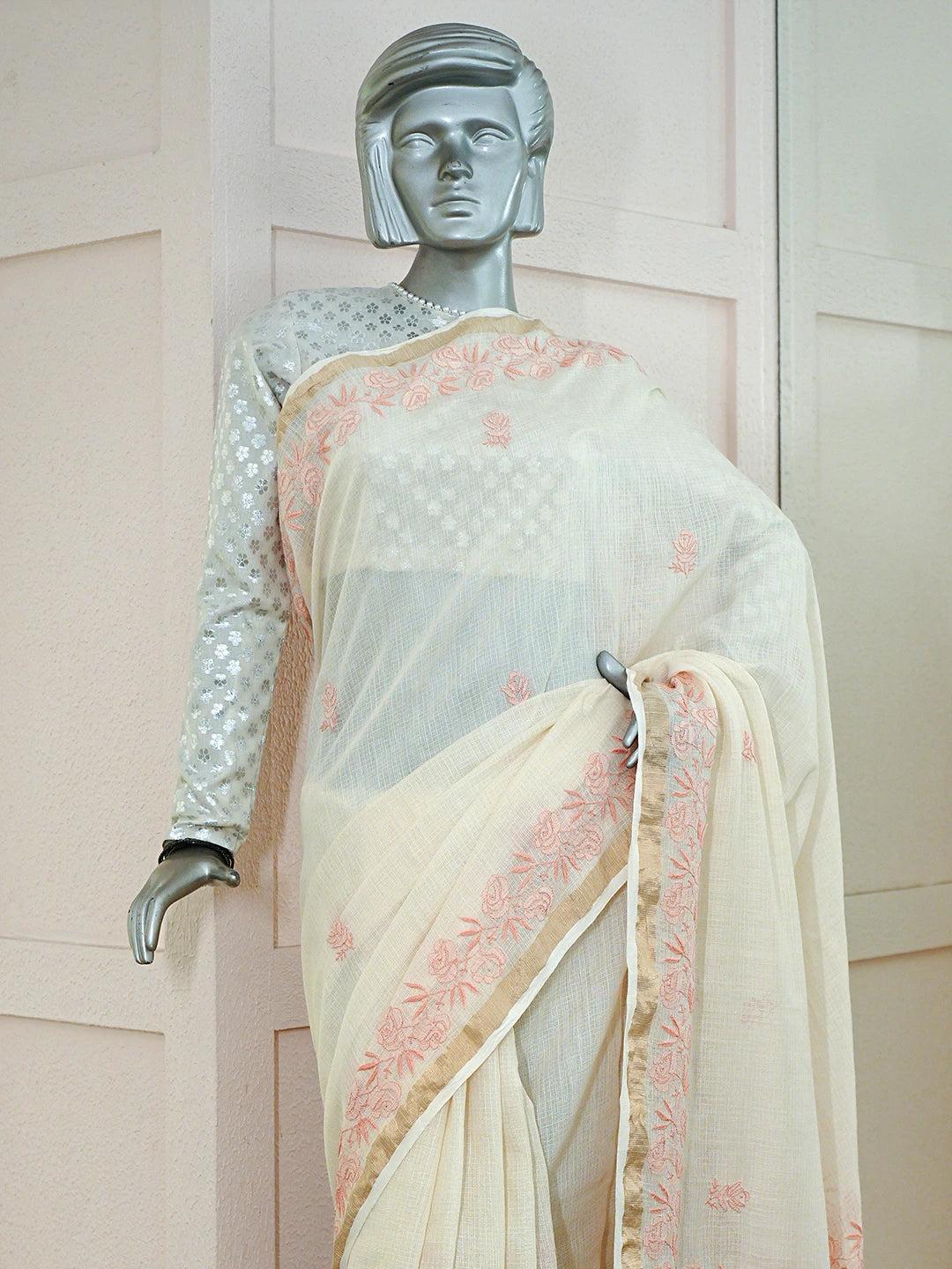 Ada Hand Embroidered Fawn Kota Moonga Lucknowi Chikankari Saree With Blouse 01A646447