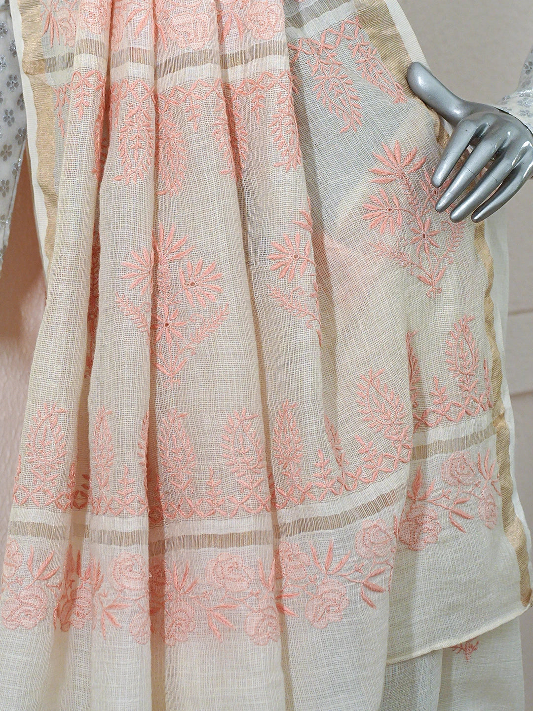 Ada Hand Embroidered Fawn Kota Moonga Lucknowi Chikankari Saree With Blouse 01A646447