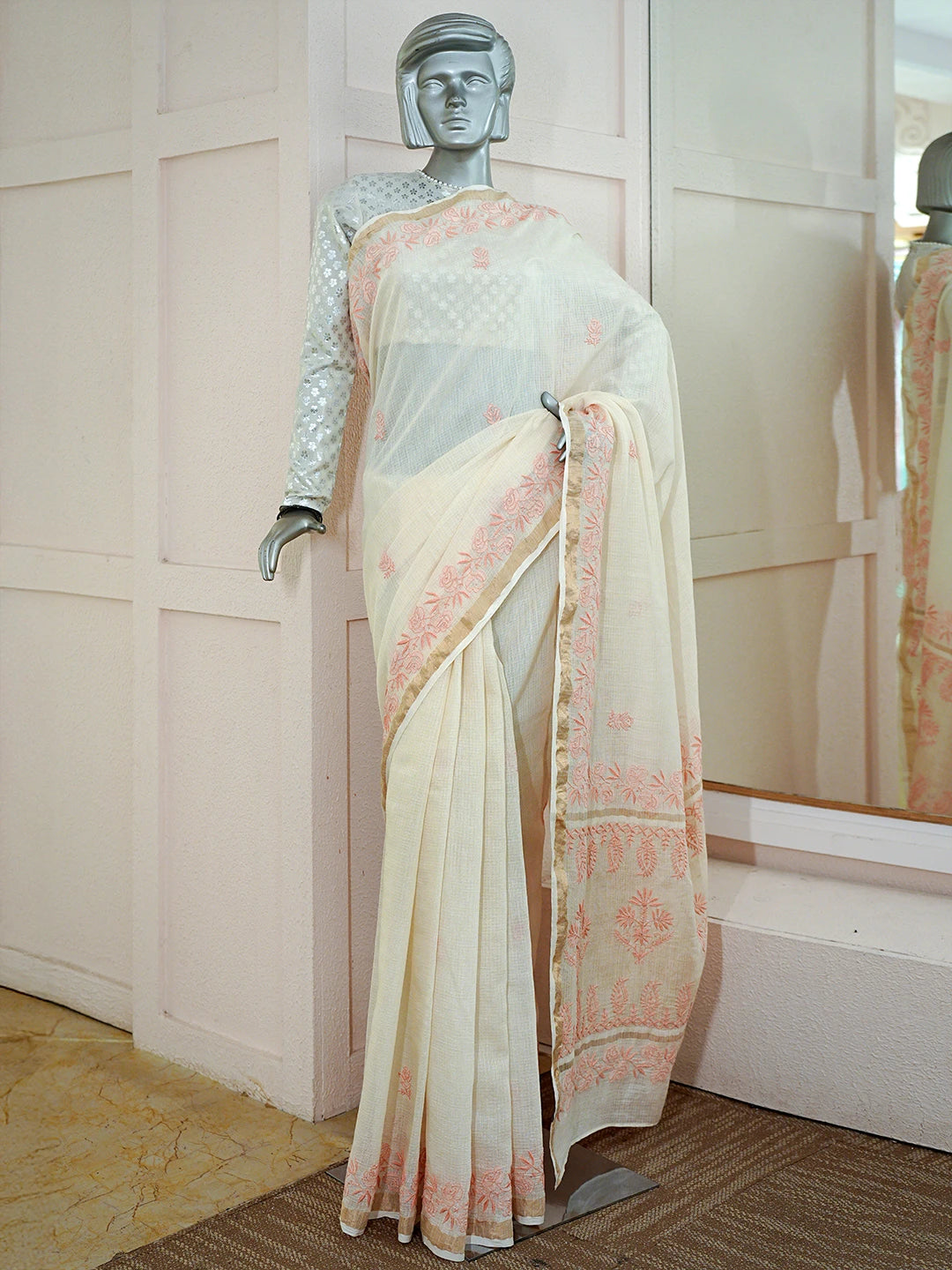 Ada Hand Embroidered Fawn Kota Moonga Lucknowi Chikankari Saree With Blouse 01A646447