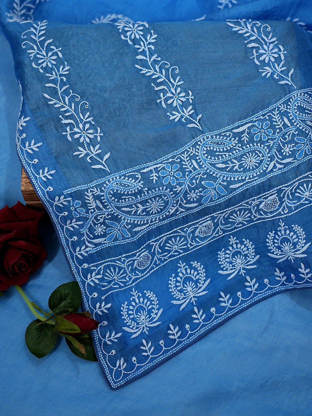 Ada Hand Embroidered Royal Blue Organza Lucknowi Chikankari Saree With Blouse 01A808023