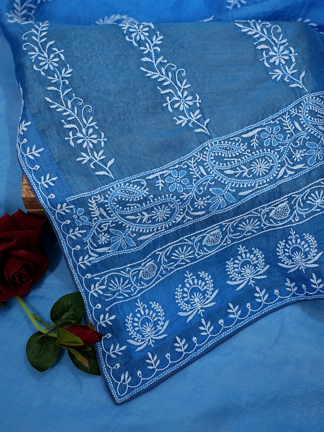 Ada Hand Embroidered Royal Blue Organza Lucknowi Chikankari Saree With Blouse 01A808023