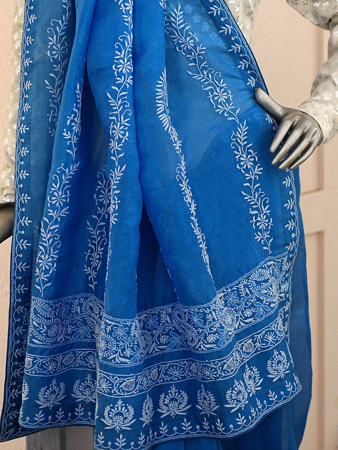 Ada Hand Embroidered Royal Blue Organza Lucknowi Chikankari Saree With Blouse 01A808023