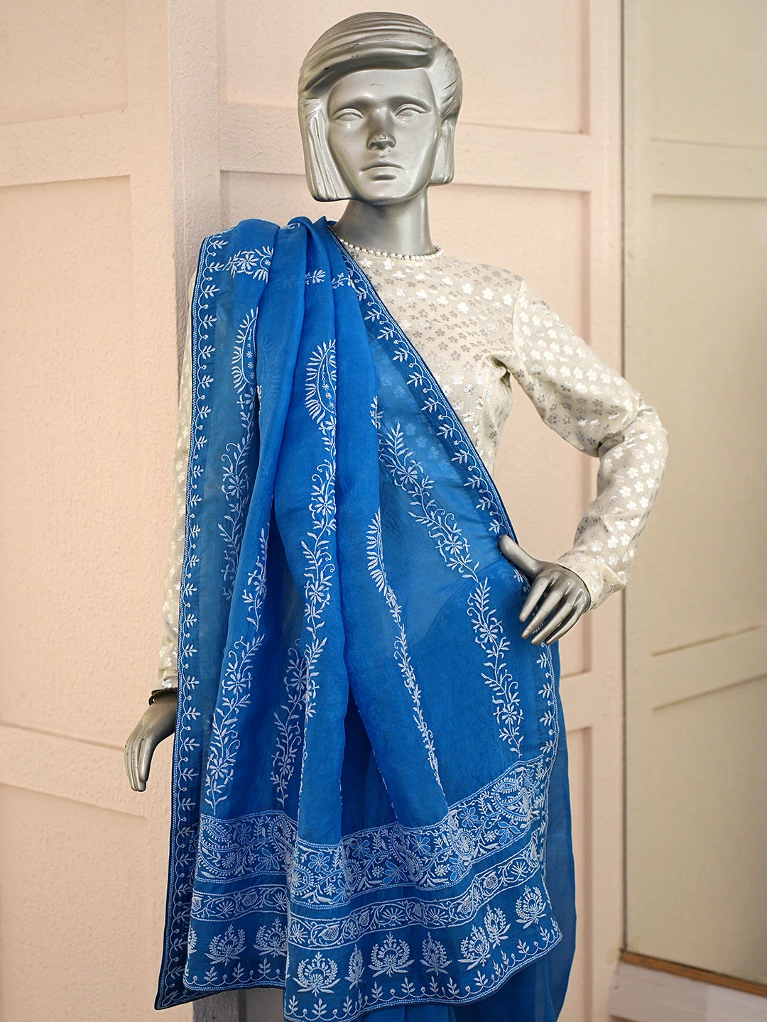 Ada Hand Embroidered Royal Blue Organza Lucknowi Chikankari Saree With Blouse 01A808023