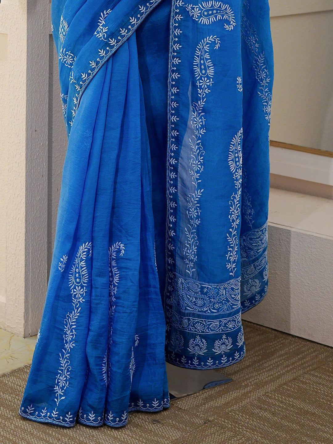 Ada Hand Embroidered Royal Blue Organza Lucknowi Chikankari Saree With Blouse 01A808023