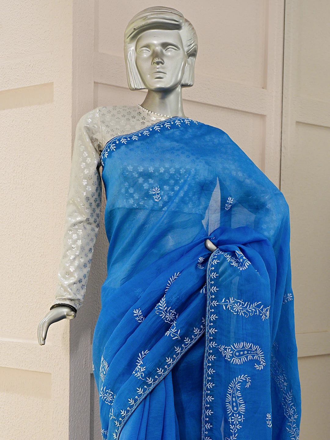 Ada Hand Embroidered Royal Blue Organza Lucknowi Chikankari Saree With Blouse 01A808023