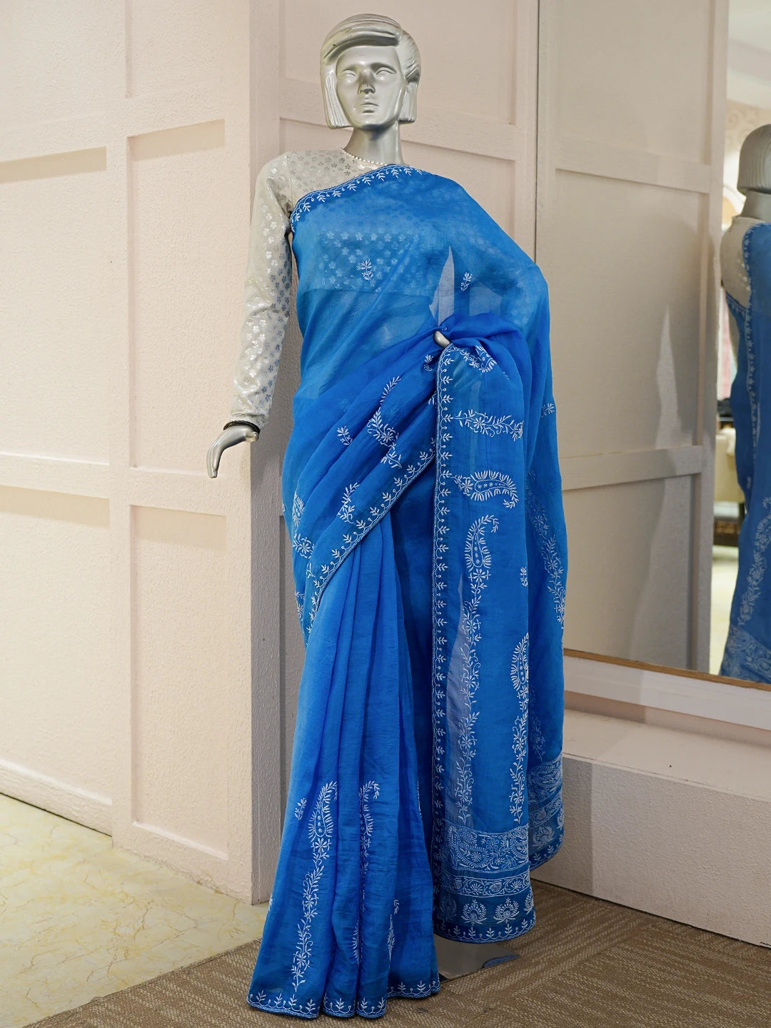 Ada Hand Embroidered Royal Blue Organza Lucknowi Chikankari Saree With Blouse 01A808023