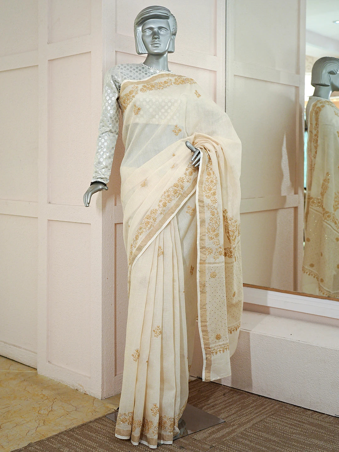 Ada Hand Embroidered Fawn Kota Moonga Lucknowi Chikankari Saree With Blouse With Mukaish Work 01A795644
