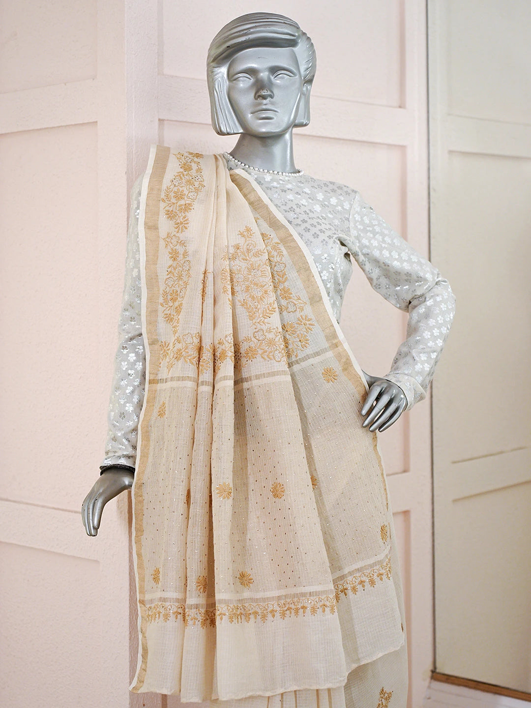 Ada Hand Embroidered Fawn Kota Moonga Lucknowi Chikankari Saree With Blouse With Mukaish Work 01A795644