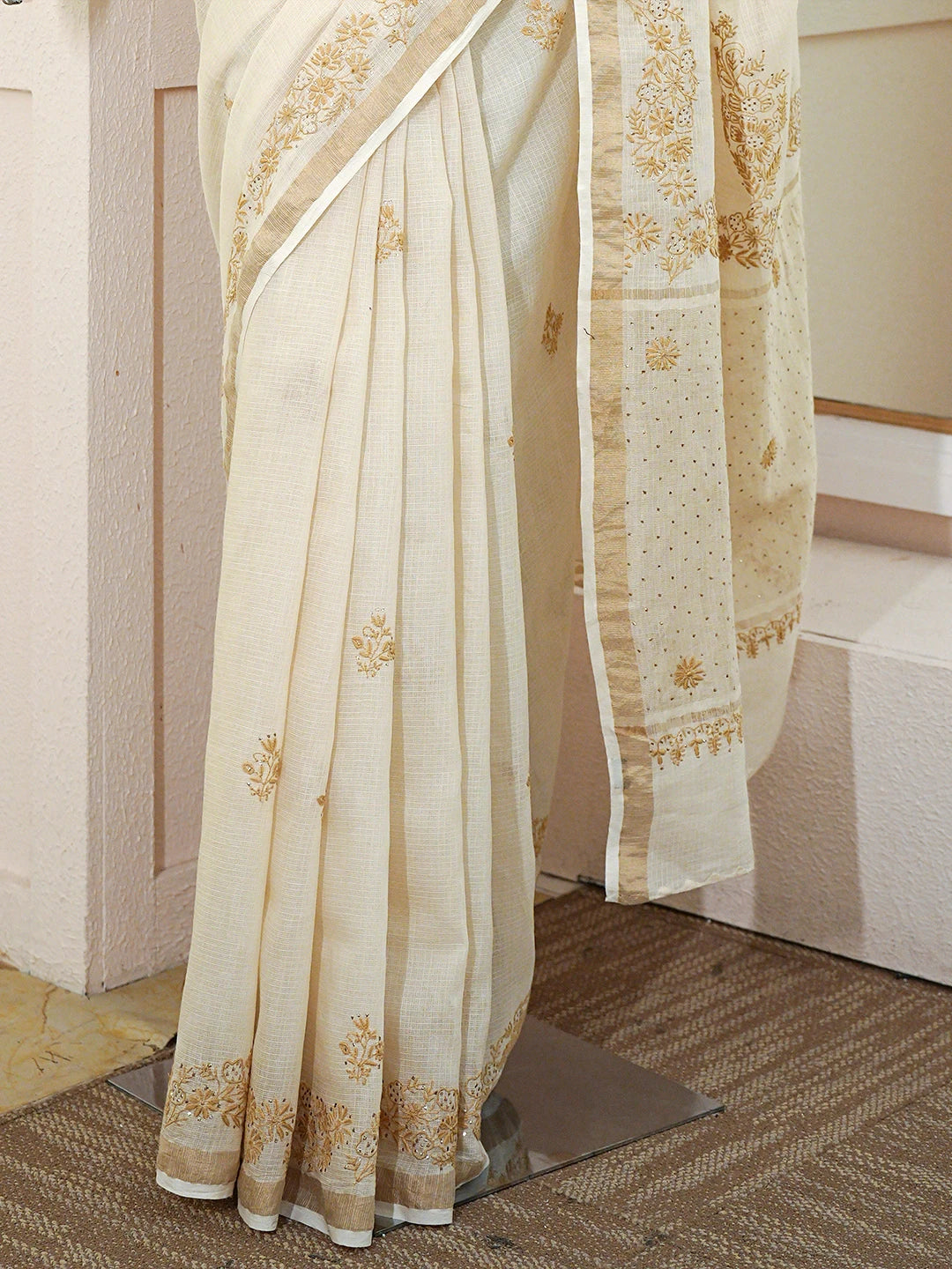 Ada Hand Embroidered Fawn Kota Moonga Lucknowi Chikankari Saree With Blouse With Mukaish Work 01A795644