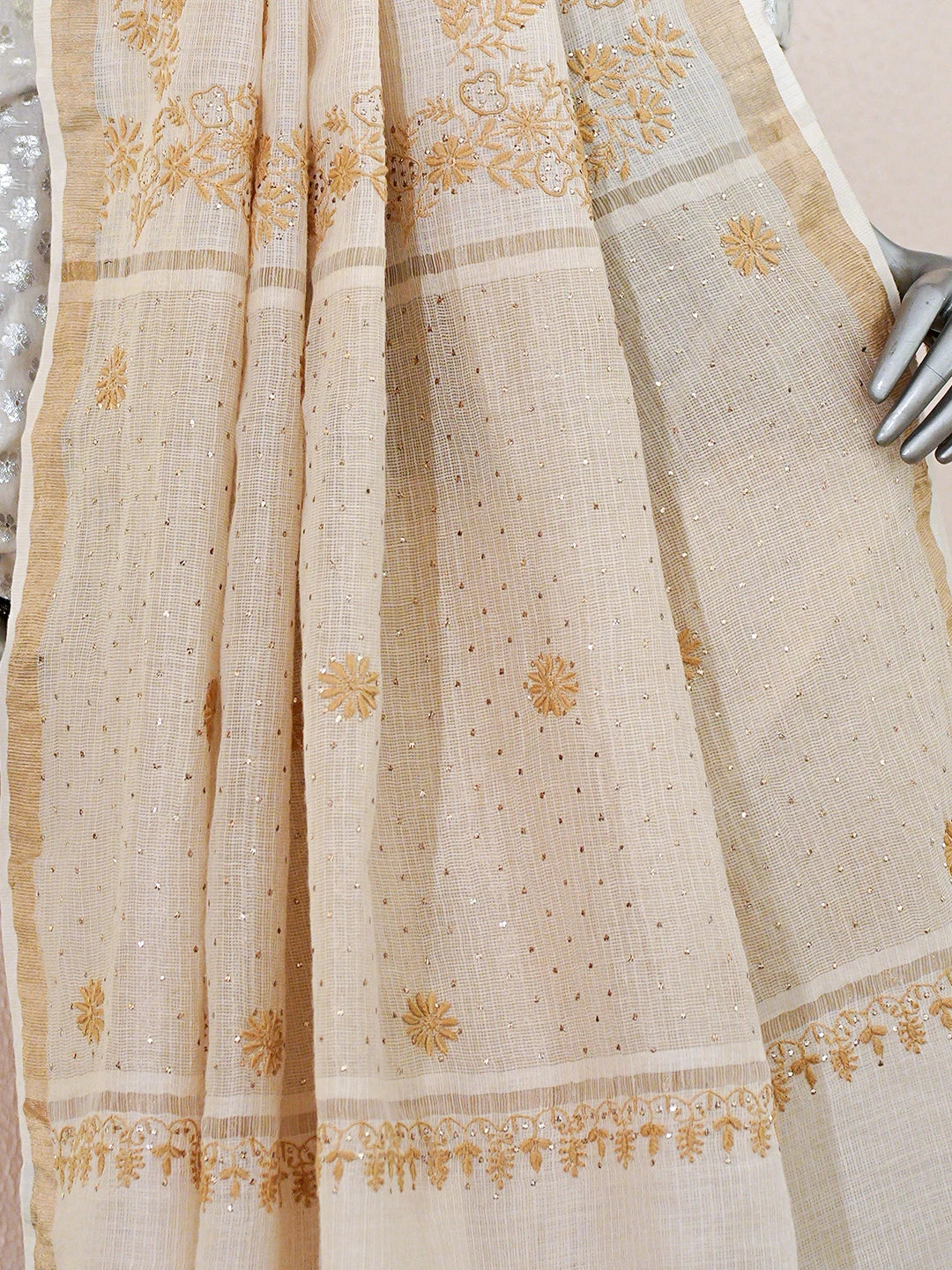 Ada Hand Embroidered Fawn Kota Moonga Lucknowi Chikankari Saree With Blouse With Mukaish Work 01A795644