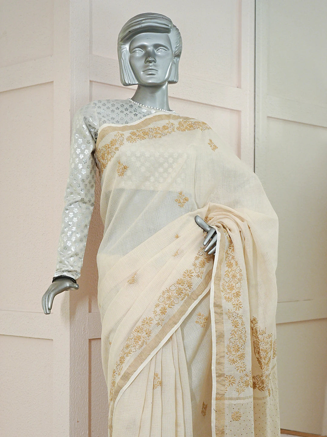 Ada Hand Embroidered Fawn Kota Moonga Lucknowi Chikankari Saree With Blouse With Mukaish Work 01A795644