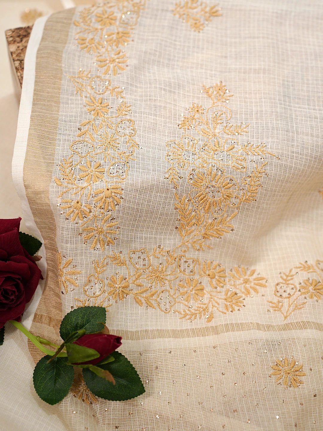 Ada Hand Embroidered Fawn Kota Moonga Lucknowi Chikankari Saree With Blouse With Mukaish Work 01A795644
