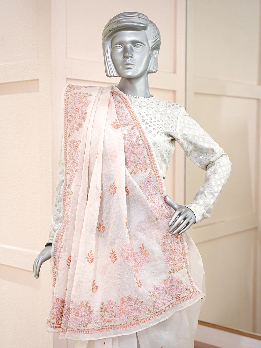 Ada Hand Embroidered White Organza Lucknowi Chikankari Saree With Blouse With Cutdana Work 01A681883