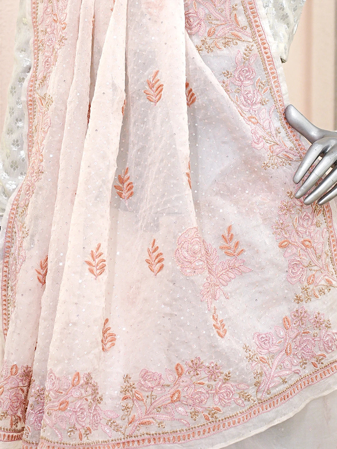 Ada Hand Embroidered White Organza Lucknowi Chikankari Saree With Blouse With Cutdana Work 01A681883