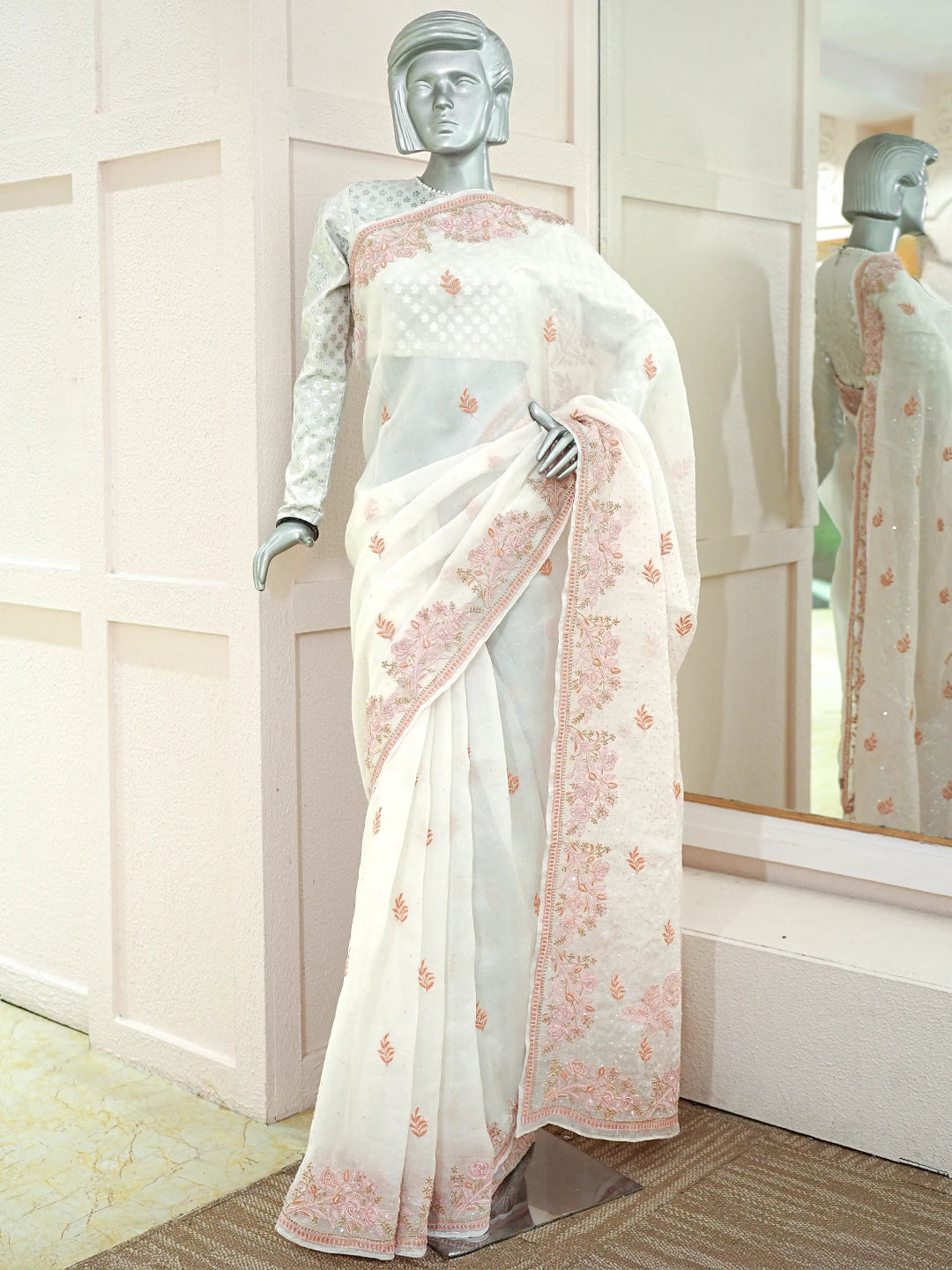 Ada Hand Embroidered White Organza Lucknowi Chikankari Saree With Blouse With Cutdana Work 01A681883