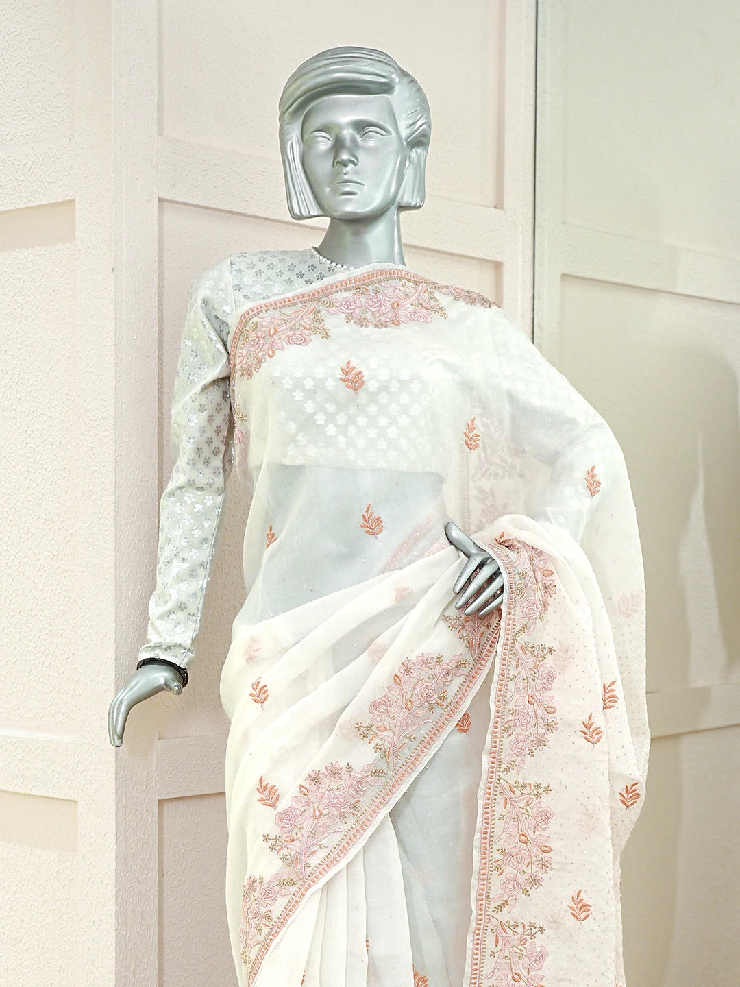 Ada Hand Embroidered White Organza Lucknowi Chikankari Saree With Blouse With Cutdana Work 01A681883
