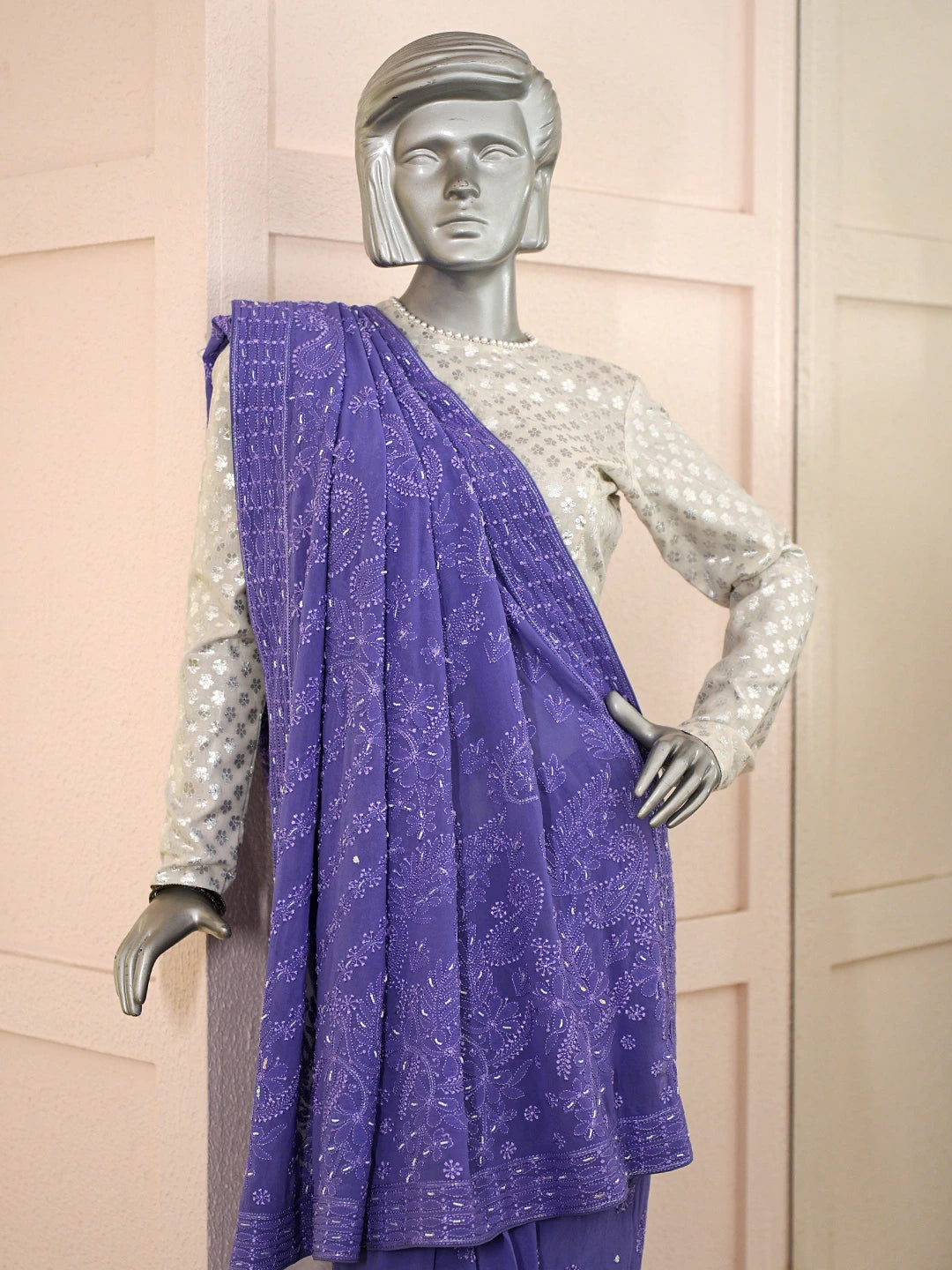 Ada Hand Embroidered Purblish Blue Pure Georgette Lucknowi Chikankari Saree With Blouse With Cutdana Work 01A860824