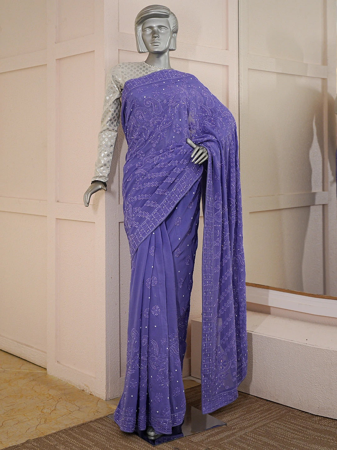 Ada Hand Embroidered Purblish Blue Pure Georgette Lucknowi Chikankari Saree With Blouse With Cutdana Work 01A860824
