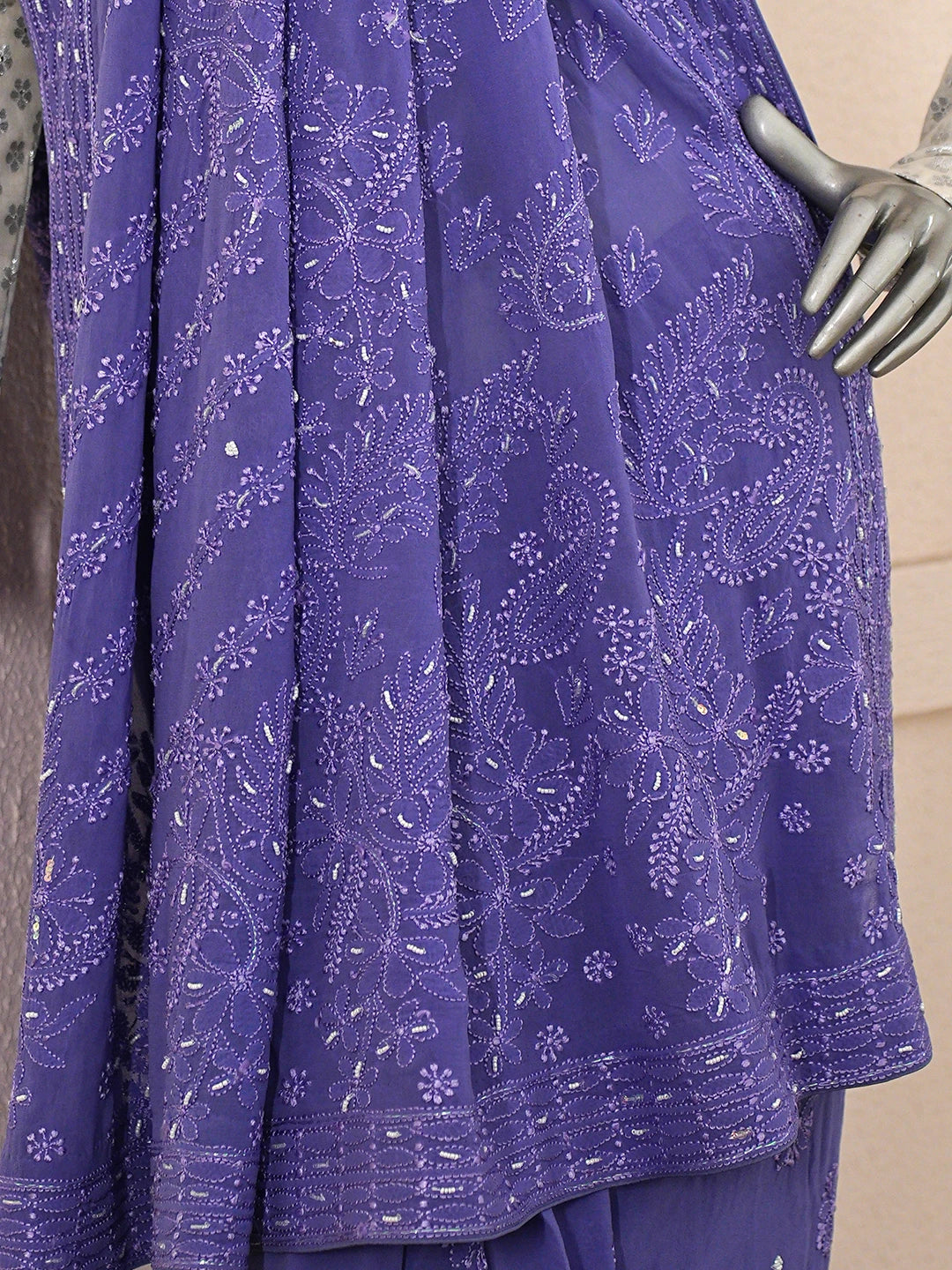 Ada Hand Embroidered Purblish Blue Pure Georgette Lucknowi Chikankari Saree With Blouse With Cutdana Work 01A860824