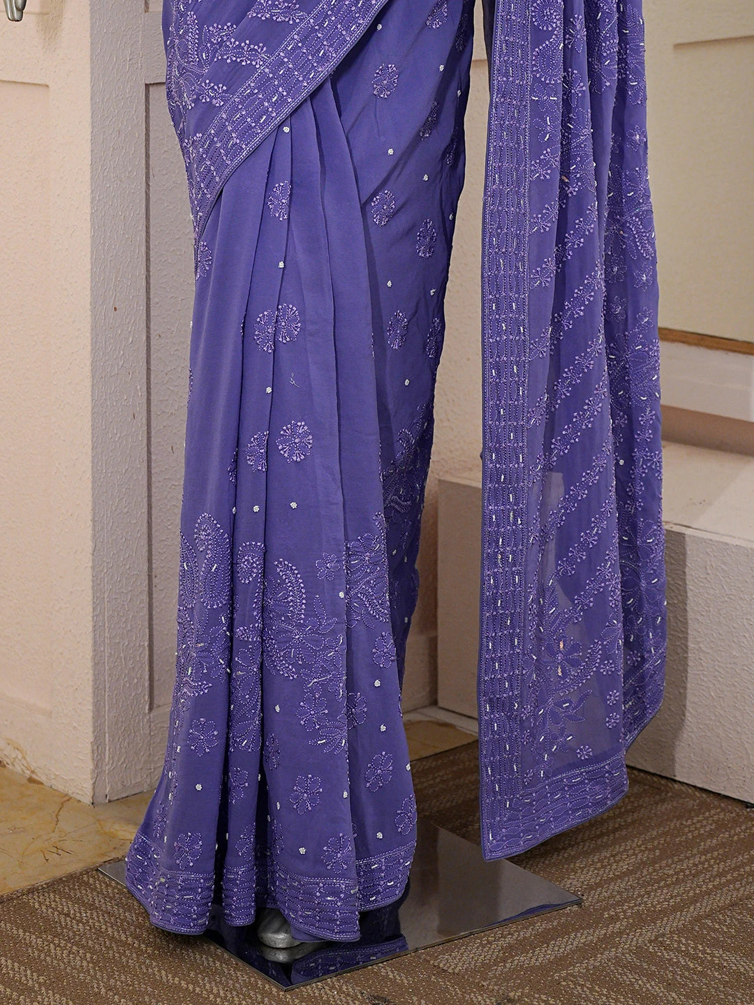 Ada Hand Embroidered Purblish Blue Pure Georgette Lucknowi Chikankari Saree With Blouse With Cutdana Work 01A860824