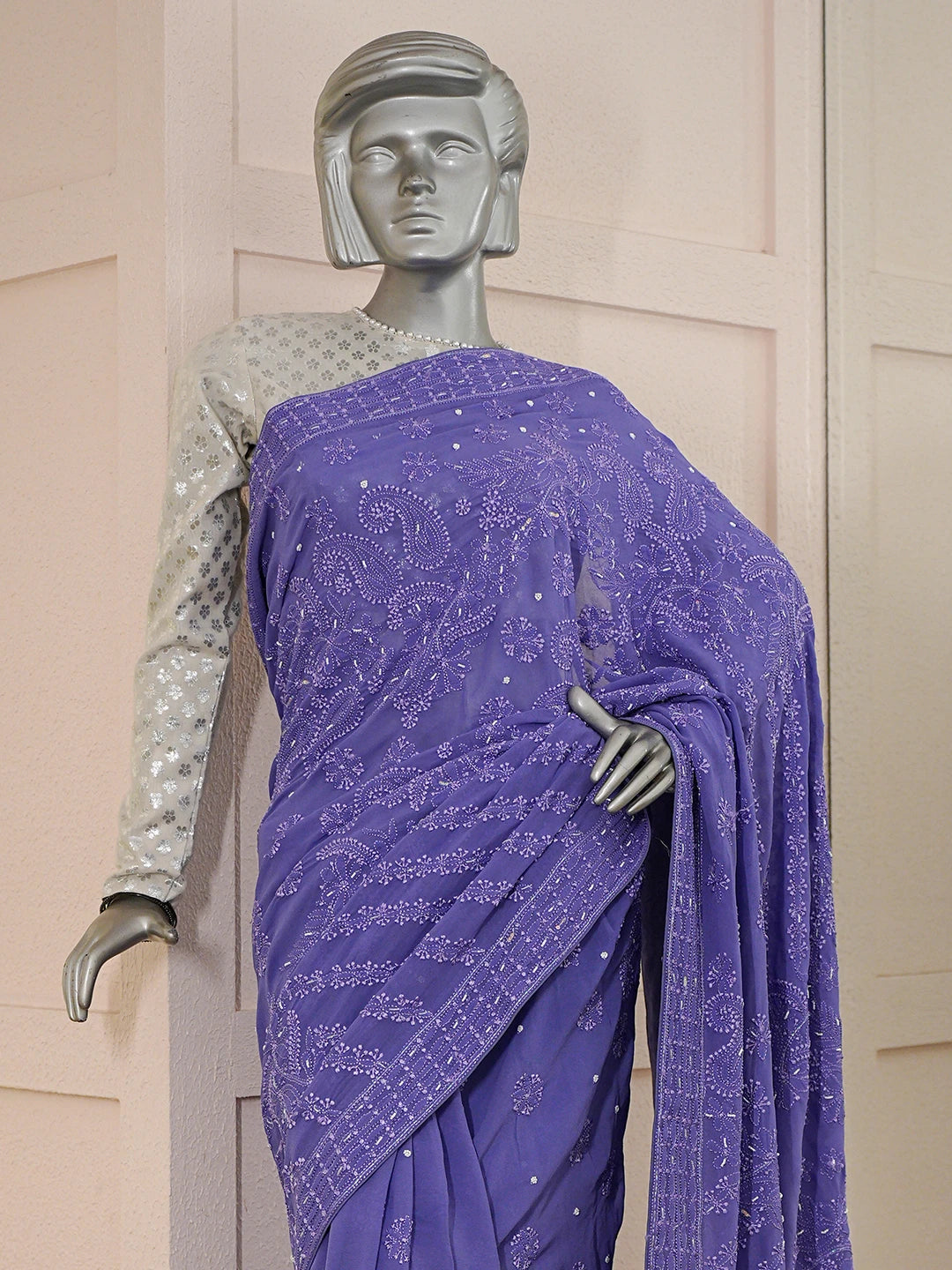 Ada Hand Embroidered Purblish Blue Pure Georgette Lucknowi Chikankari Saree With Blouse With Cutdana Work 01A860824