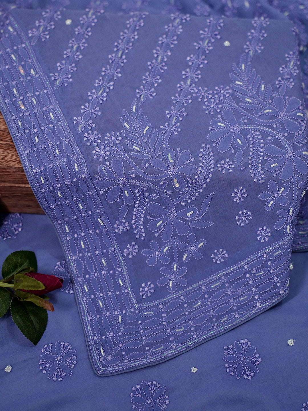 Ada Hand Embroidered Purblish Blue Pure Georgette Lucknowi Chikankari Saree With Blouse With Cutdana Work 01A860824
