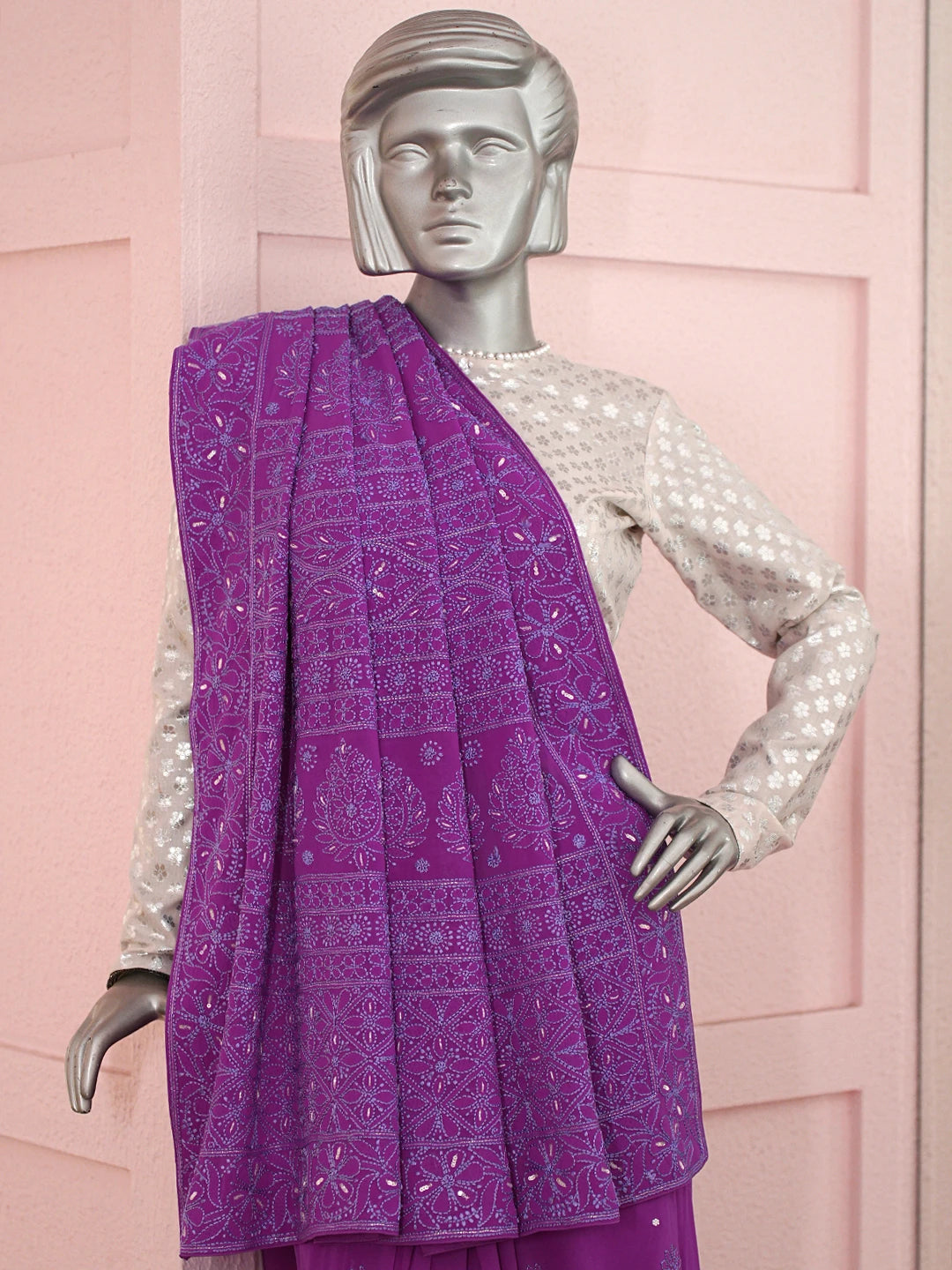 Ada Hand Embroidered Magenta Pure Georgette Lucknowi Chikankari Saree With Blouse With Cutdana Work 01A860827