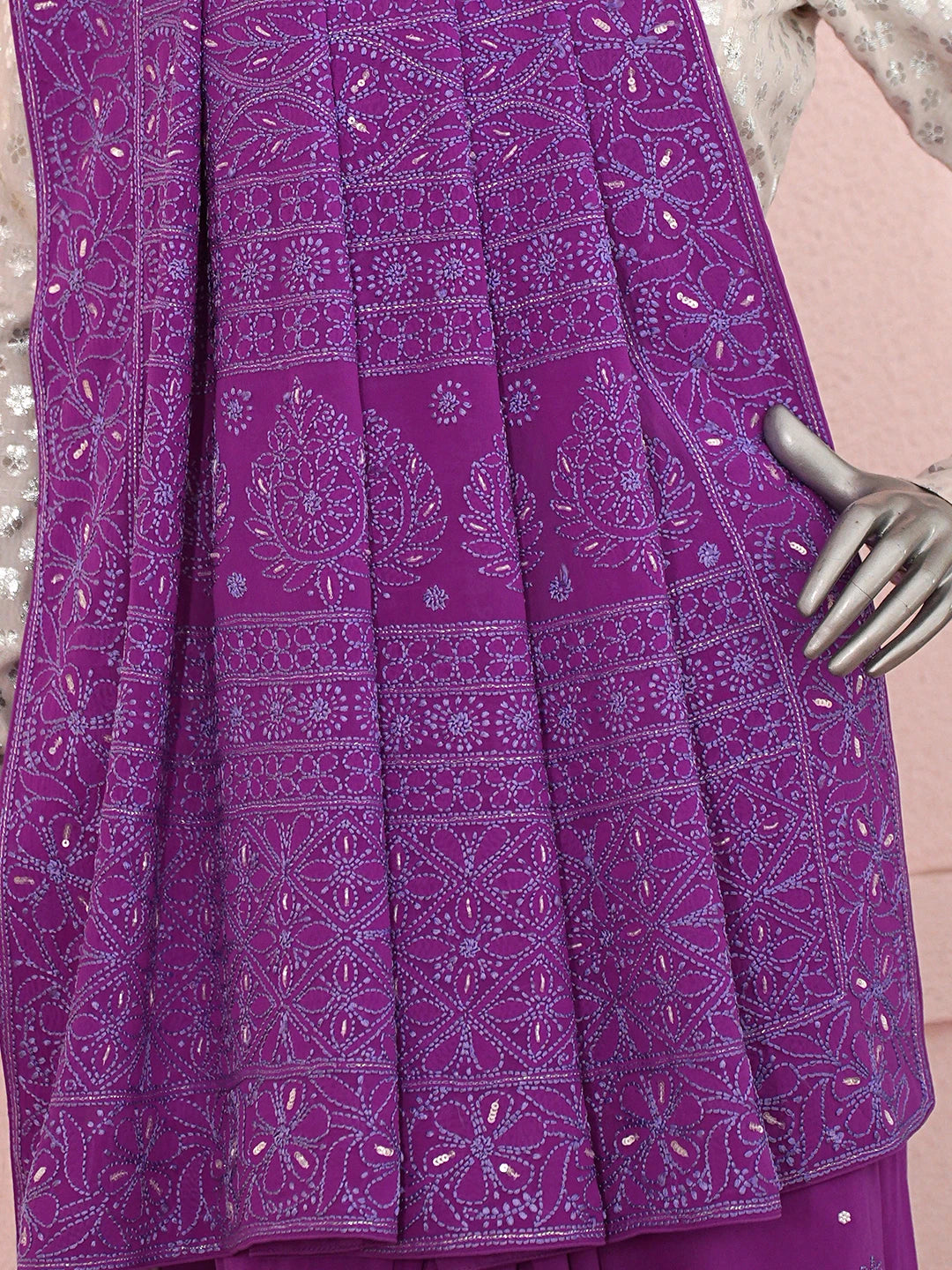 Ada Hand Embroidered Magenta Pure Georgette Lucknowi Chikankari Saree With Blouse With Cutdana Work 01A860827