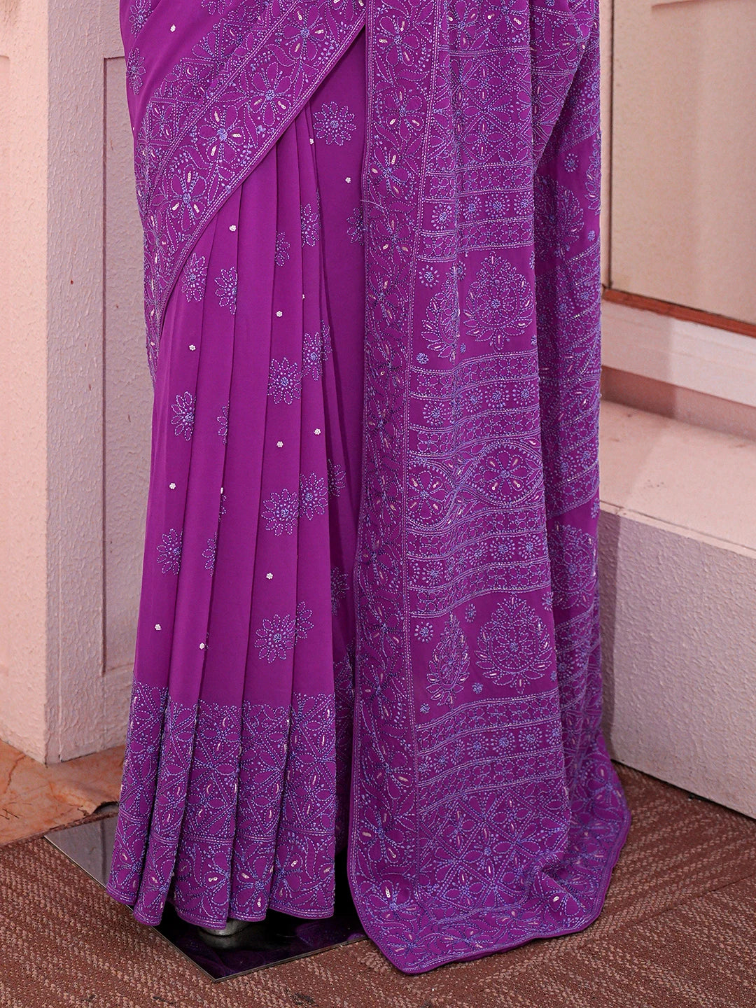 Ada Hand Embroidered Magenta Pure Georgette Lucknowi Chikankari Saree With Blouse With Cutdana Work 01A860827