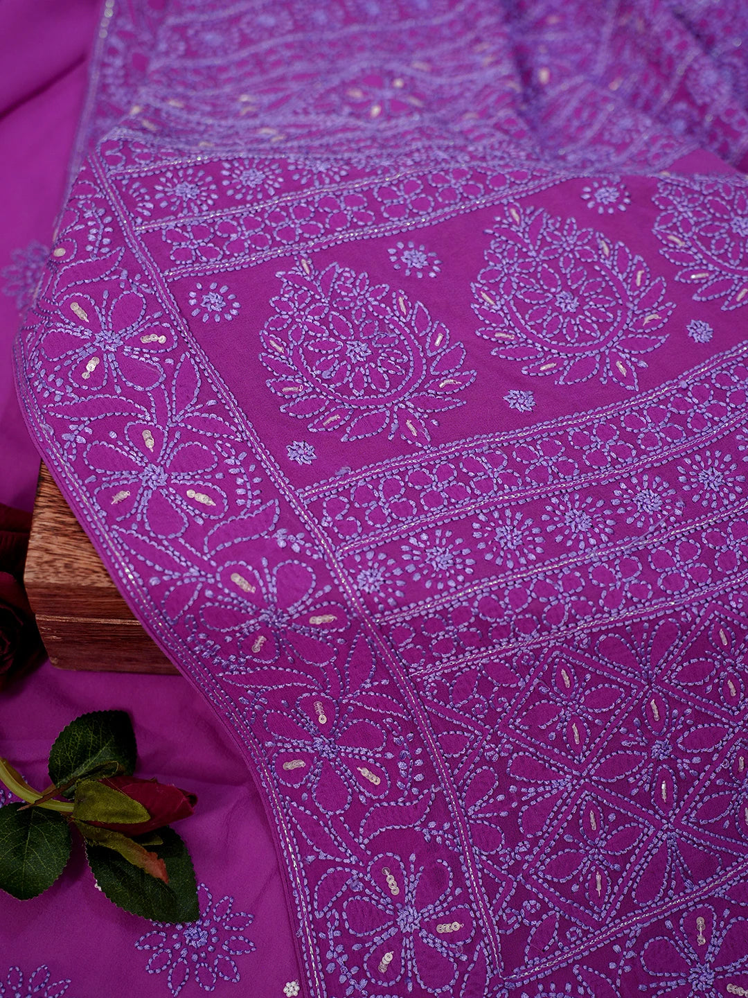 Ada Hand Embroidered Magenta Pure Georgette Lucknowi Chikankari Saree With Blouse With Cutdana Work 01A860827