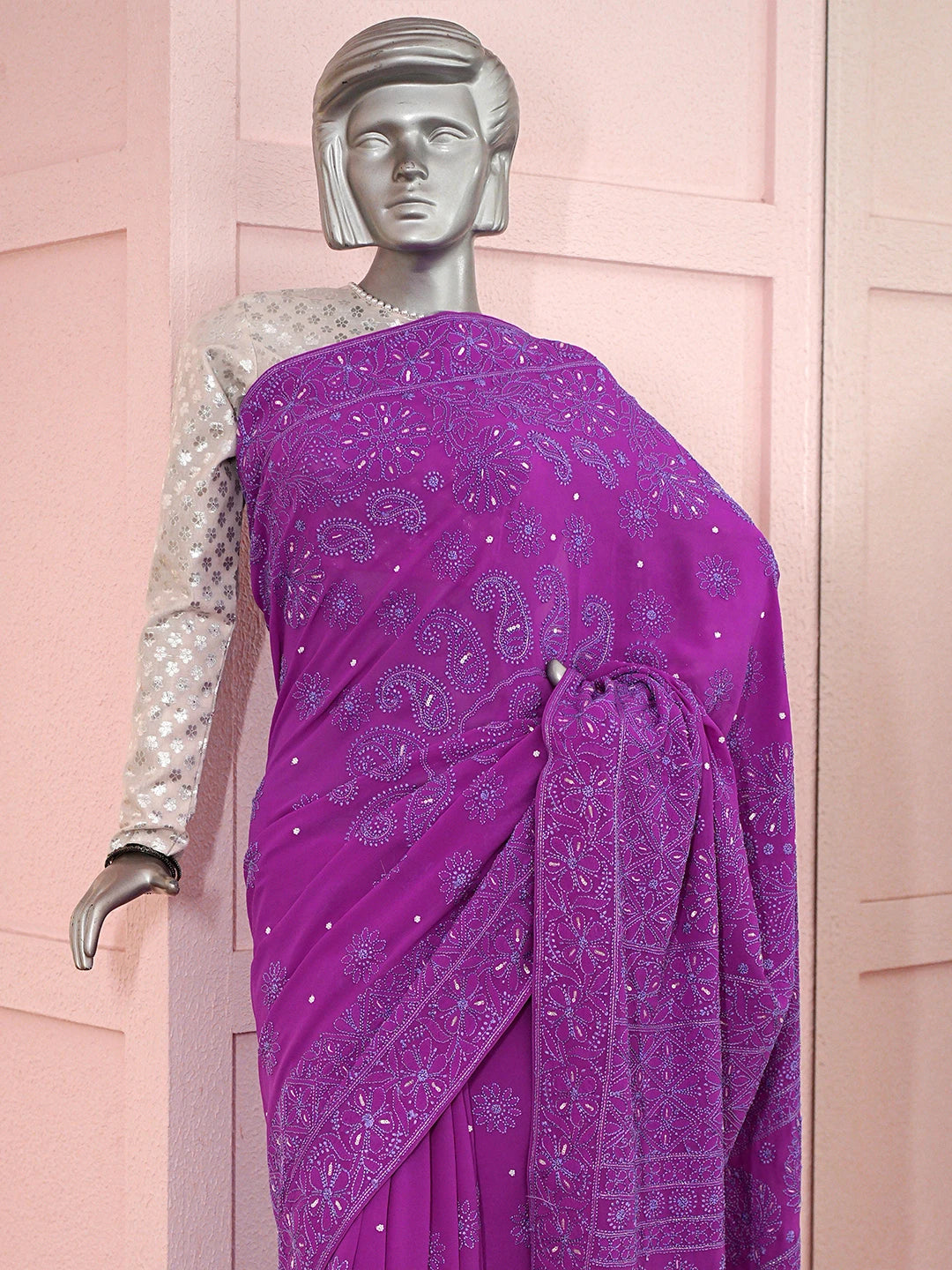 Ada Hand Embroidered Magenta Pure Georgette Lucknowi Chikankari Saree With Blouse With Cutdana Work 01A860827