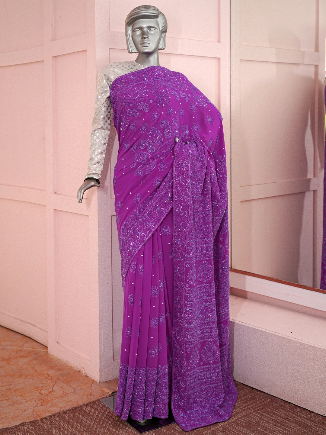Ada Hand Embroidered Magenta Pure Georgette Lucknowi Chikankari Saree With Blouse With Cutdana Work 01A860827