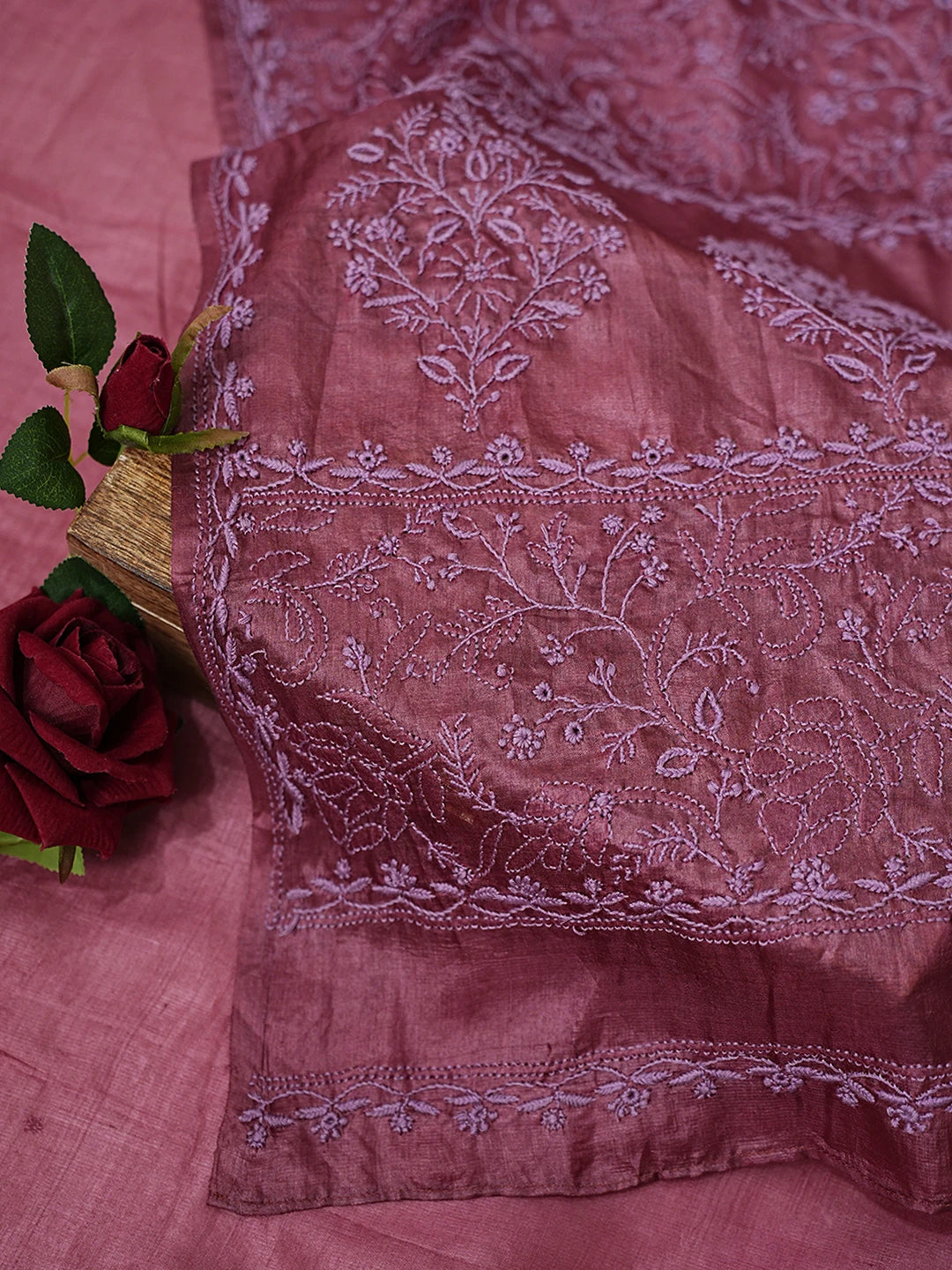 Ada Hand Embroidered Wine Silk Lucknowi Chikankari Saree With Blouse 01A746241