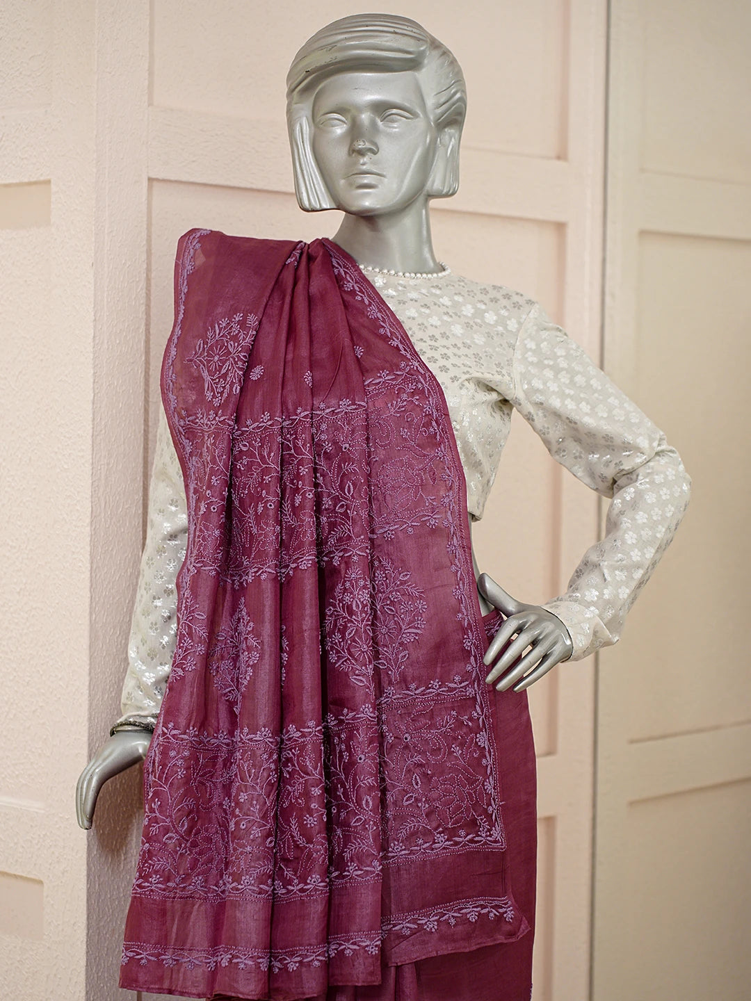 Ada Hand Embroidered Wine Silk Lucknowi Chikankari Saree With Blouse 01A746241