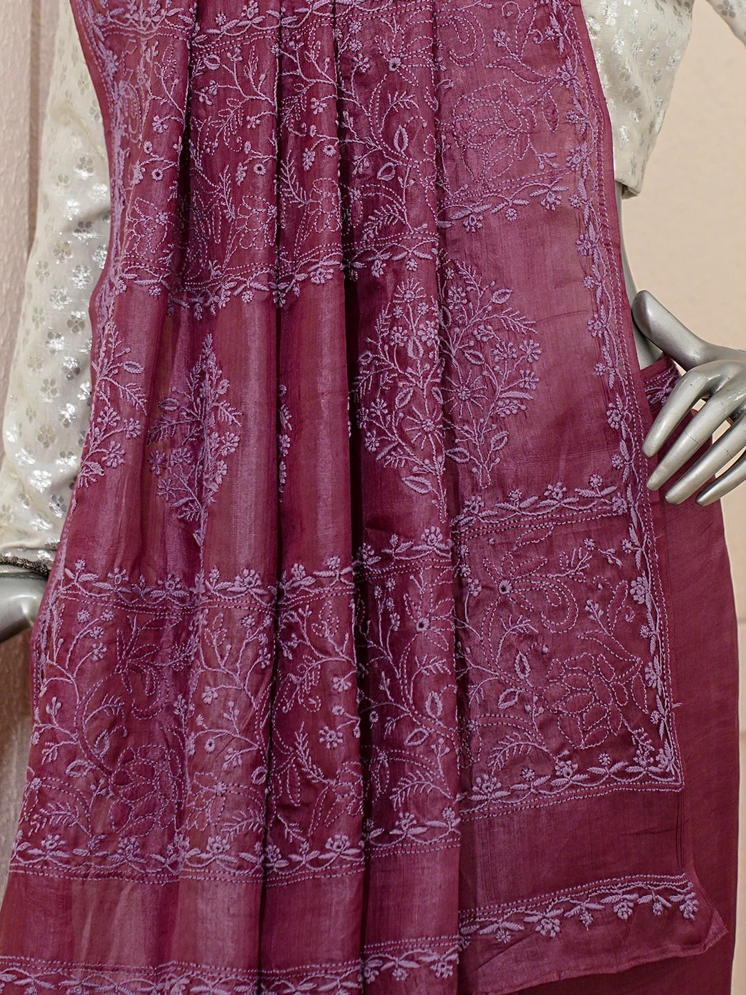 Ada Hand Embroidered Wine Silk Lucknowi Chikankari Saree With Blouse 01A746241