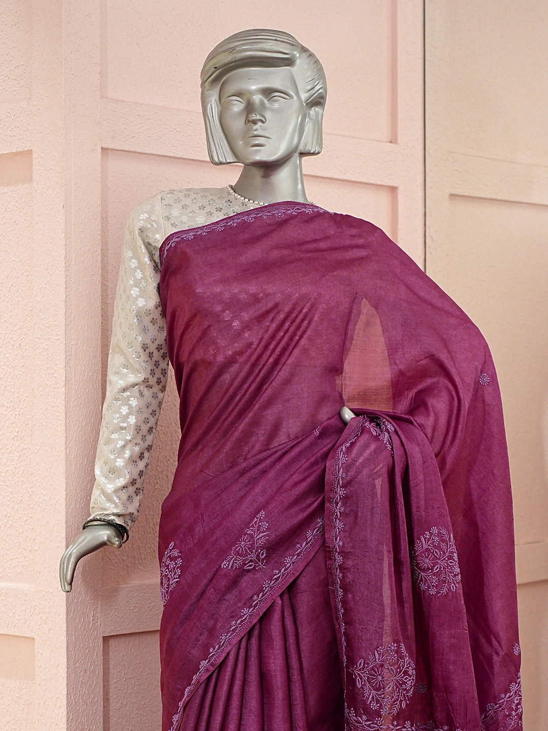 Ada Hand Embroidered Wine Silk Lucknowi Chikankari Saree With Blouse 01A746241
