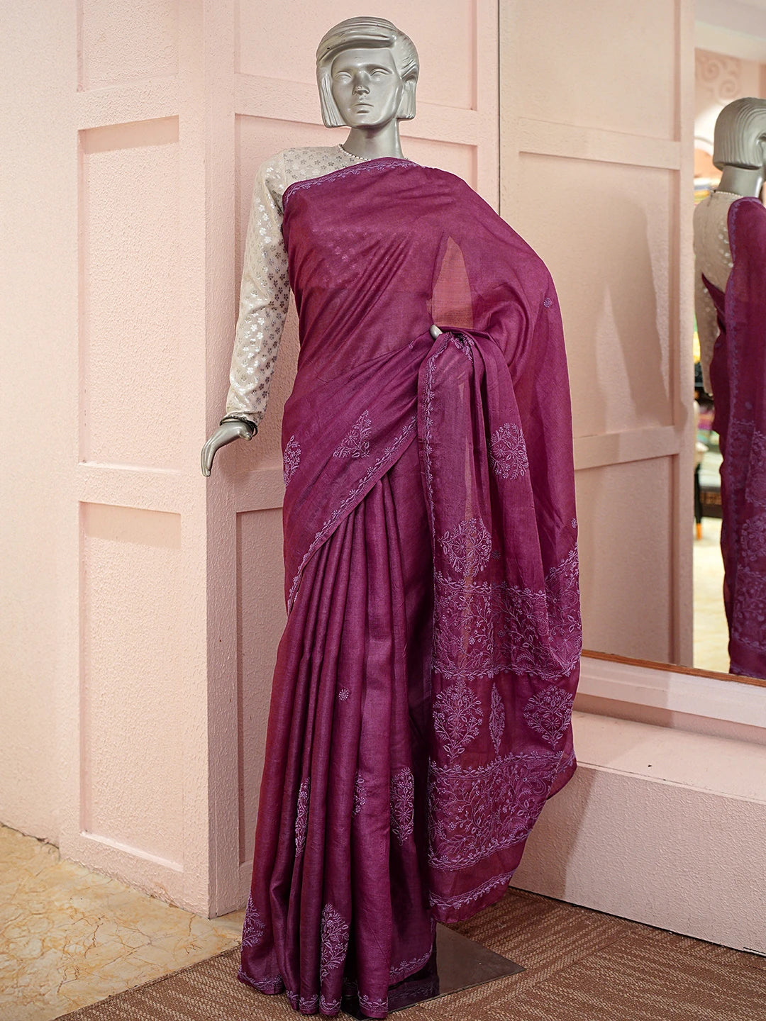Ada Hand Embroidered Wine Silk Lucknowi Chikankari Saree With Blouse 01A746241