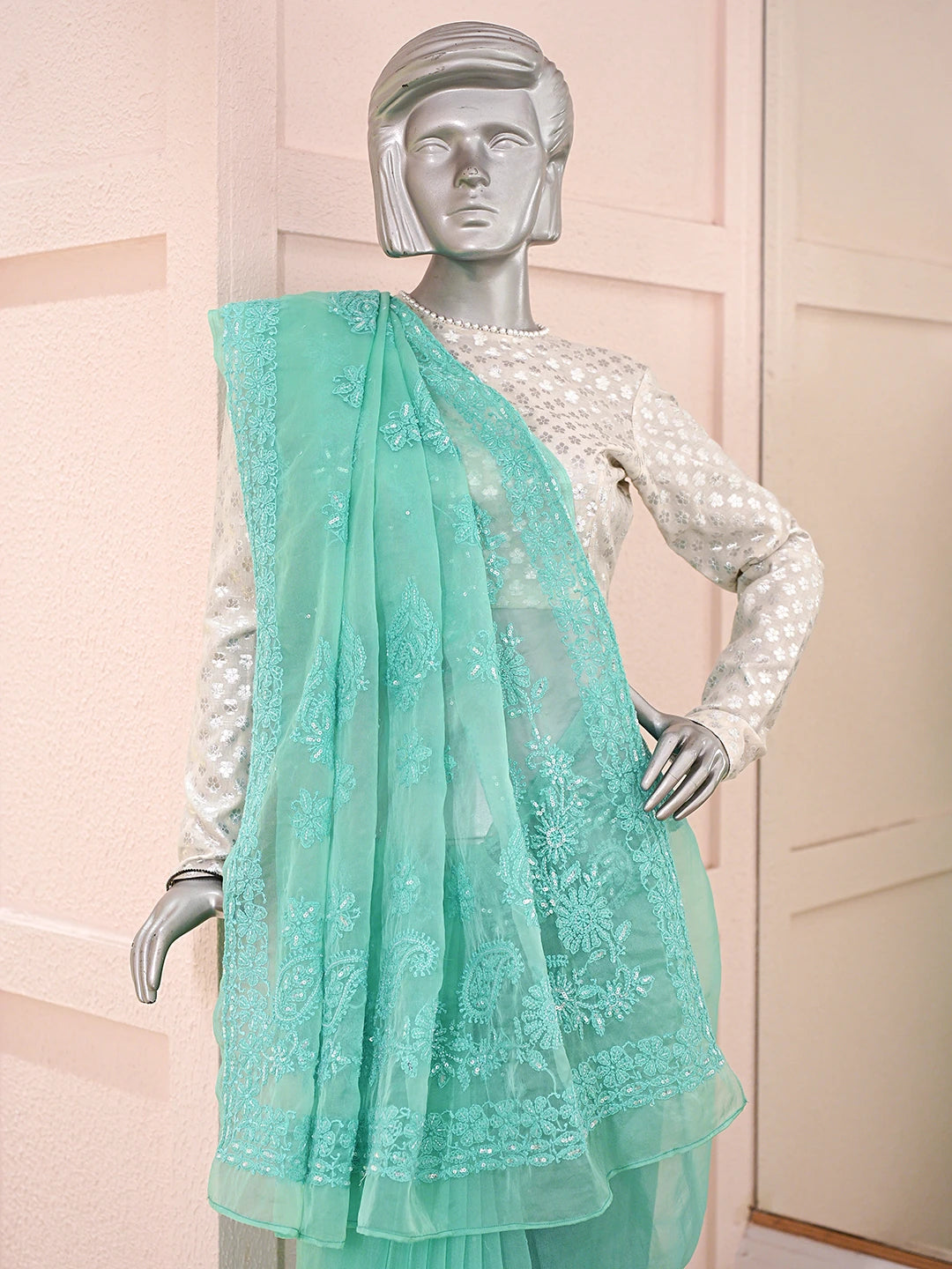 Ada Hand Embroidered Sea Green Organza Lucknowi Chikankari Saree With Blouse With Cutdana Work 01A742172