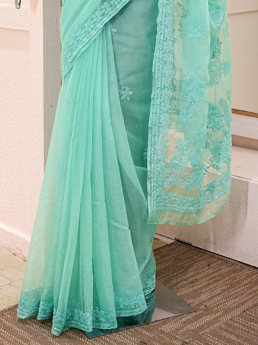 Ada Hand Embroidered Sea Green Organza Lucknowi Chikankari Saree With Blouse With Cutdana Work 01A742172