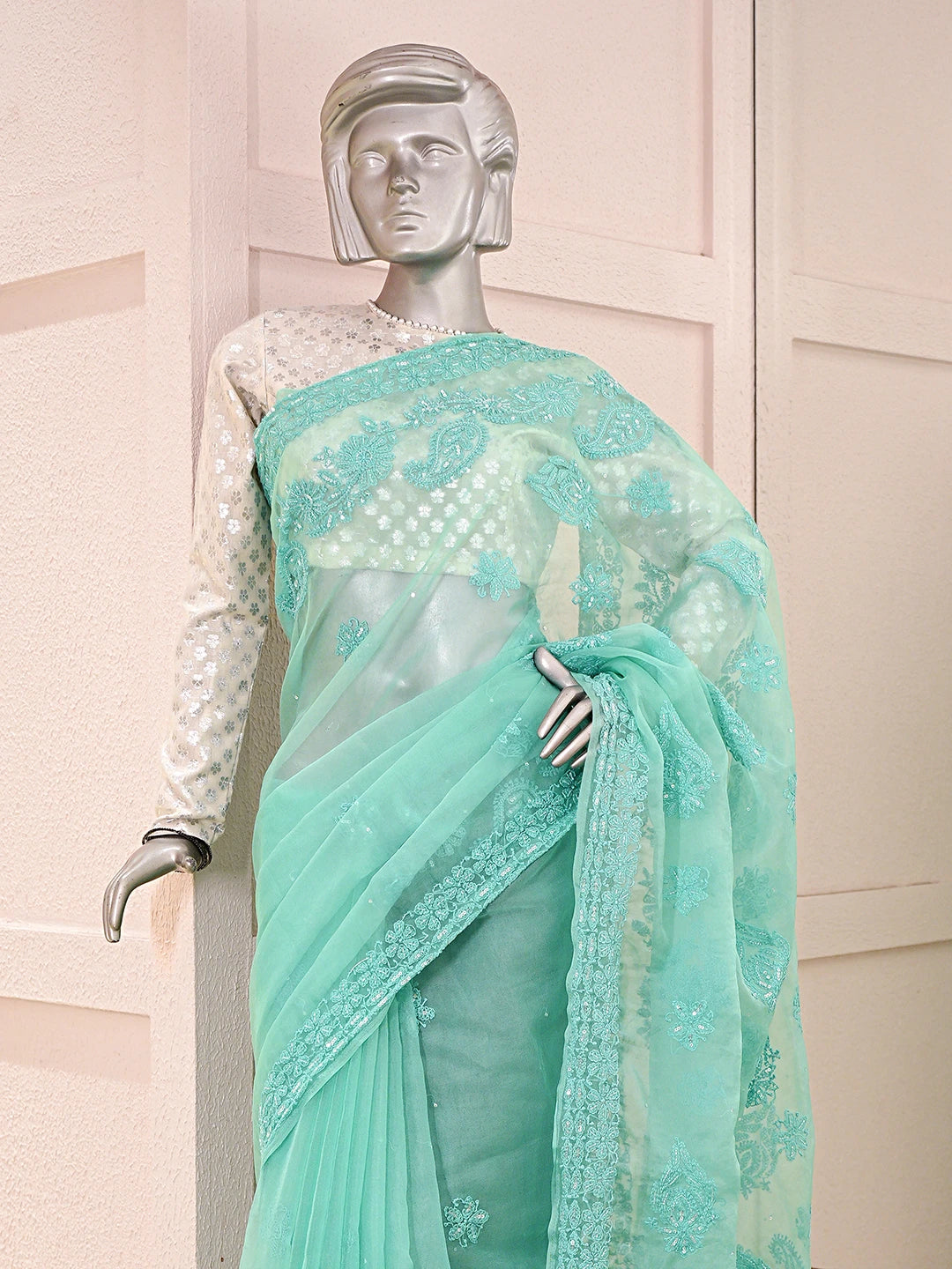 Ada Hand Embroidered Sea Green Organza Lucknowi Chikankari Saree With Blouse With Cutdana Work 01A742172