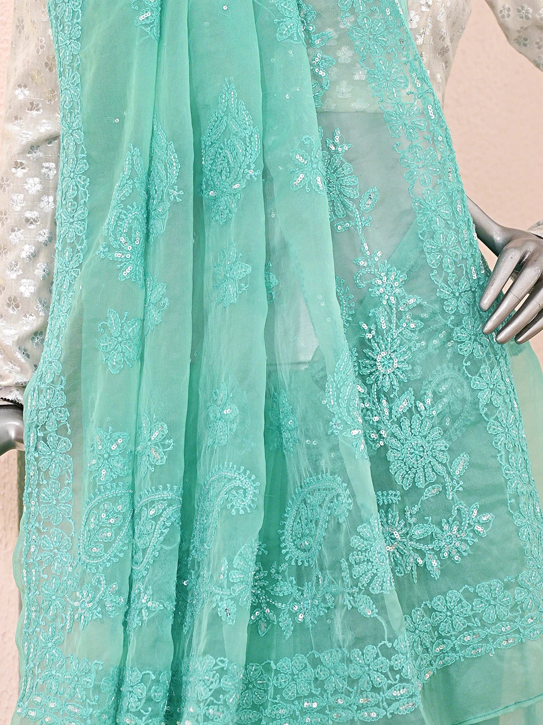 Ada Hand Embroidered Sea Green Organza Lucknowi Chikankari Saree With Blouse With Cutdana Work 01A742172
