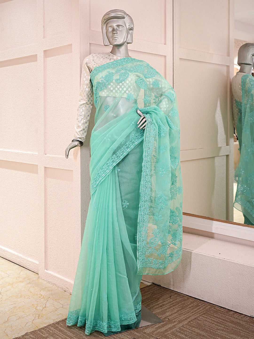 Ada Hand Embroidered Sea Green Organza Lucknowi Chikankari Saree With Blouse With Cutdana Work 01A742172