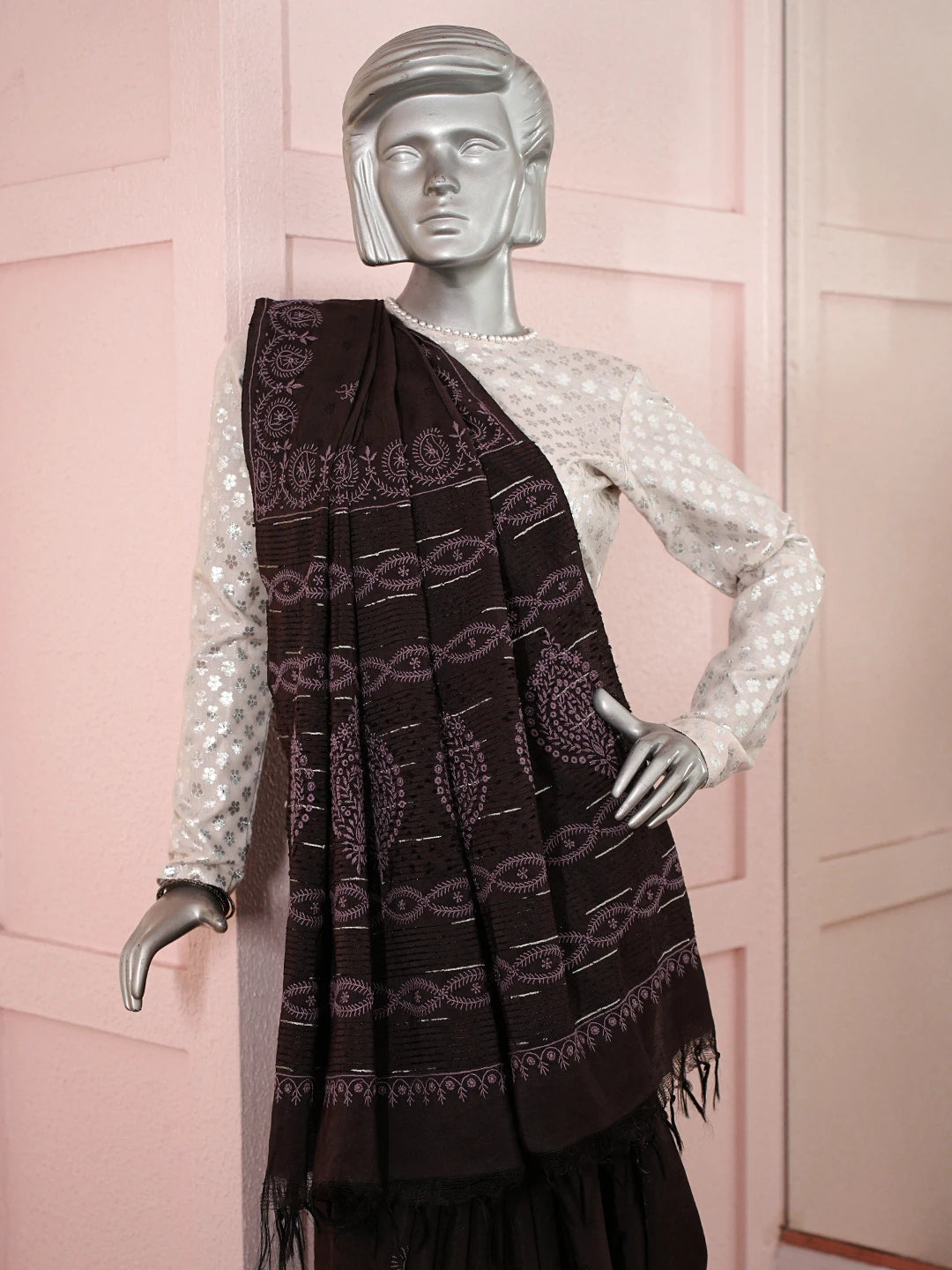 Ada Hand Embroidered Brown Silk Lucknowi Chikankari Saree With Blouse 01A376450