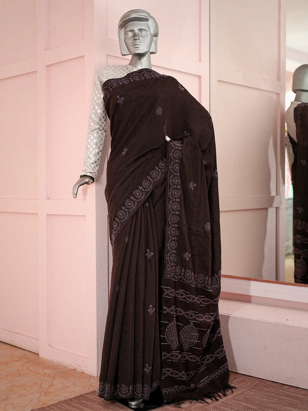 Ada Hand Embroidered Brown Silk Lucknowi Chikankari Saree With Blouse 01A376450