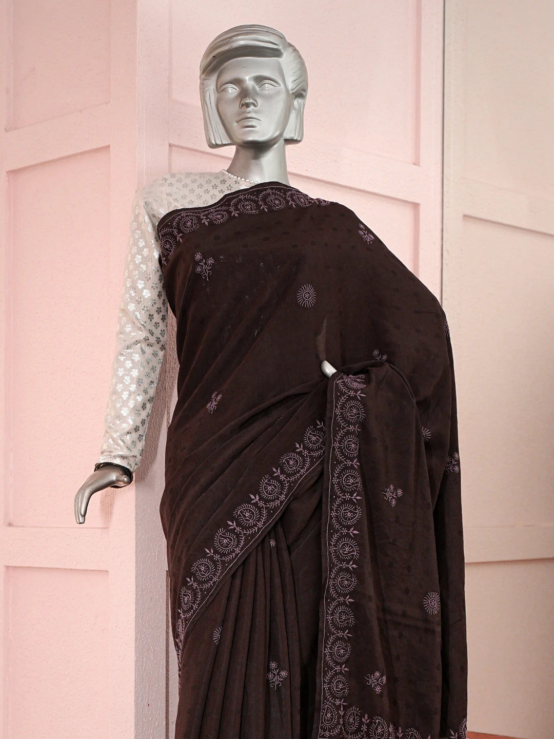 Ada Hand Embroidered Brown Silk Lucknowi Chikankari Saree With Blouse 01A376450