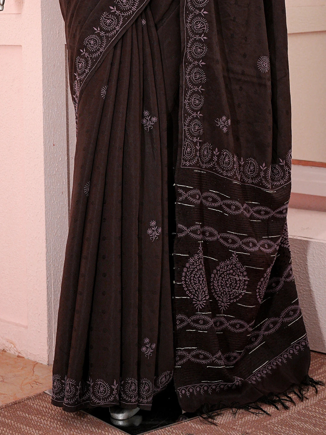 Ada Hand Embroidered Brown Silk Lucknowi Chikankari Saree With Blouse 01A376450