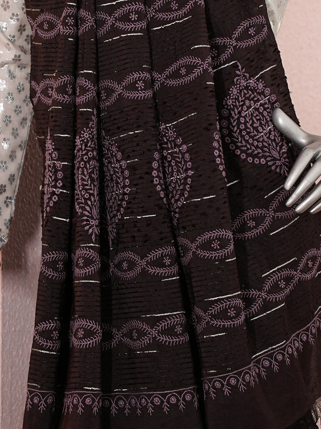 Ada Hand Embroidered Brown Silk Lucknowi Chikankari Saree With Blouse 01A376450